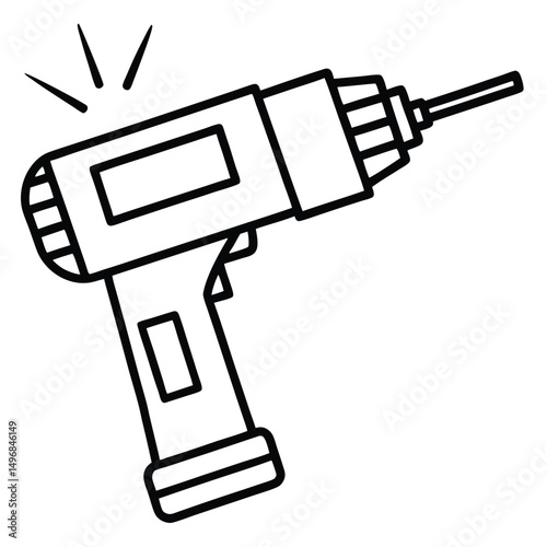 Minimalist black and white vector illustration of an operating electric power drill tool.