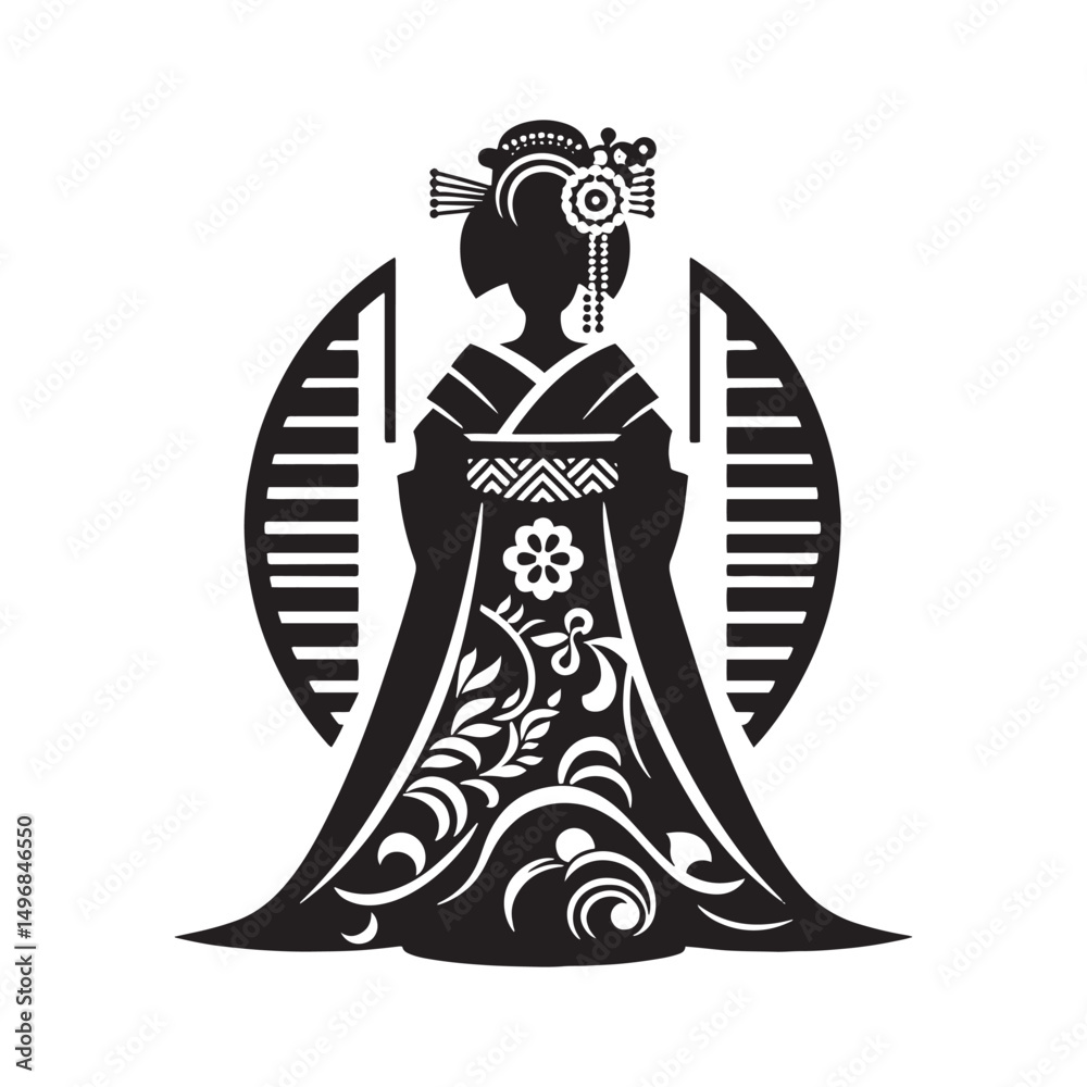 Fototapeta premium Graceful Furisode Vector Silhouette – Traditional Japanese Long-Sleeved Kimono, Elegant Patterns, Cultural Heritage, and Timeless Beauty in Minimalist Art.