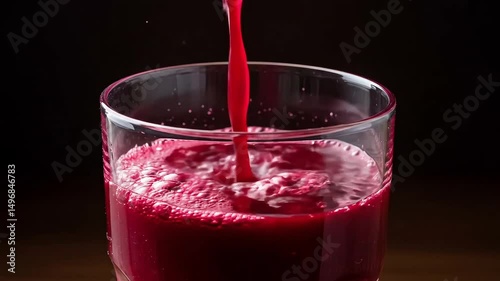 Freshly squeezed beet juice pouring into a glass with dark background  