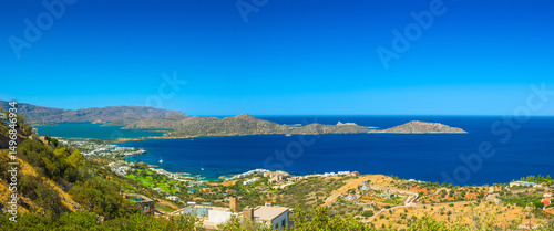 Panoramic view of Elounda Gulf with Spinalonga Peninsula seen from the heights (Elounda, Crete, Greece)