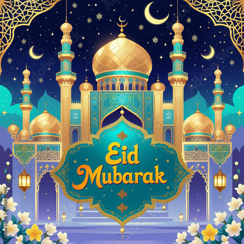 Elegant Eid al-Adha Mubarak Design Featuring Crescent Moon, Mosque Silhouette, and Islamic Ornament