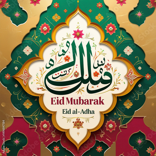 Elegant Eid al-Adha Mubarak Design Featuring Crescent Moon, Mosque Silhouette, and Islamic Ornament