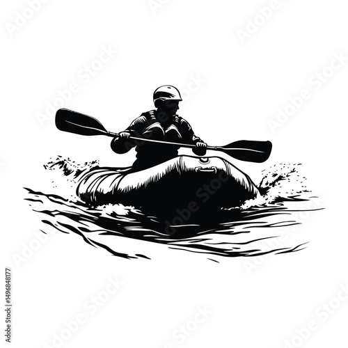 A person whitewater rafting down a rapid black silhouette