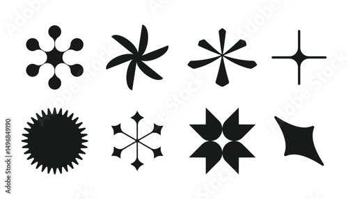 Brutalist abstract geometric shapes and grids. Brutal contemporary figure star oval spiral flower and other primitive elements. Swiss design aesthetic. Bauhaus memphis design. Vector illustration.