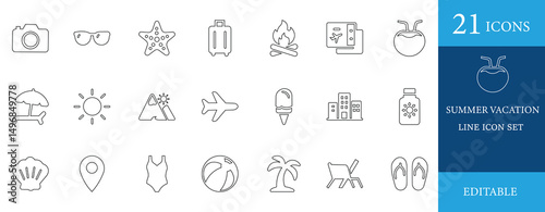 Minimal summer vacation line icon set. Includes travel, beach, sun, ice cream, palm tree, and adventure symbols. Perfect for websites, apps, stickers, and infographic designs