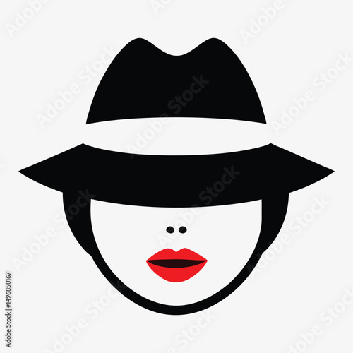 Stylized Illustration of a Mysterious Woman in a Fedora Hat with Red Lips