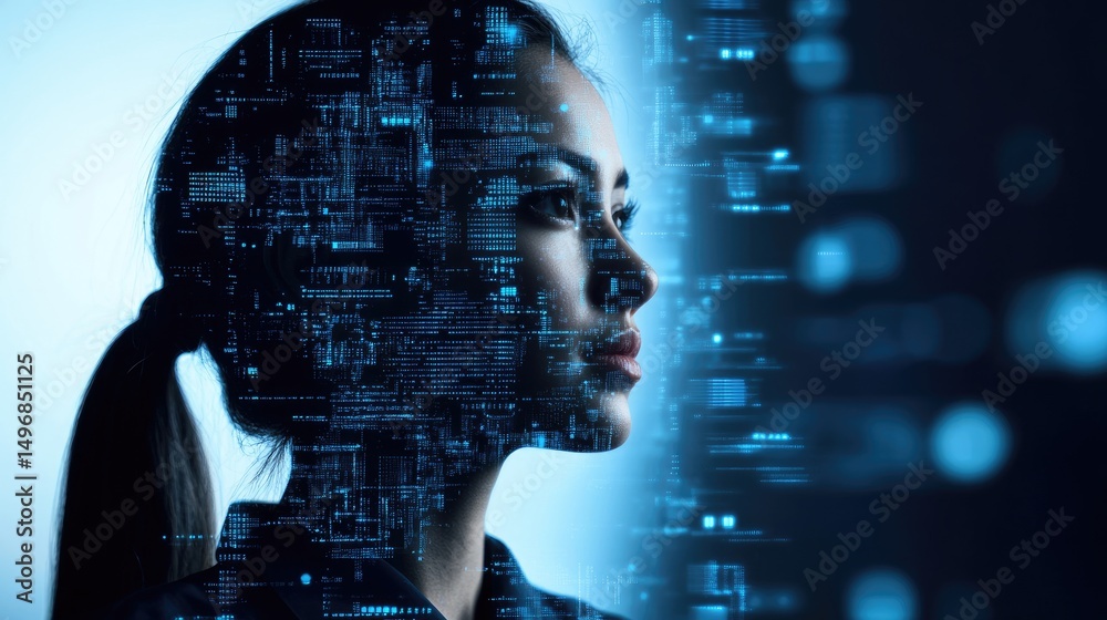 Fototapeta premium Woman's profile superimposed with flowing digital code, symbolizing AI and technology