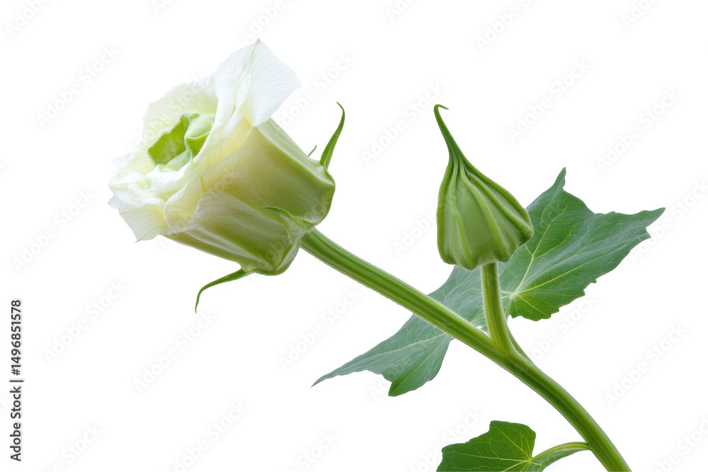 Fototapeta premium White Rose Bud and Bloom with Green Leaves Against a Transparent Background
