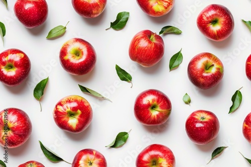 A pattern of red apples and green leaves on a white background. Seamless pattern.