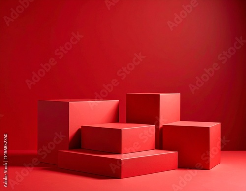 Symmetrical red display cubes set against a rich red background—strong contrast and modern vibe for striking visual appeal