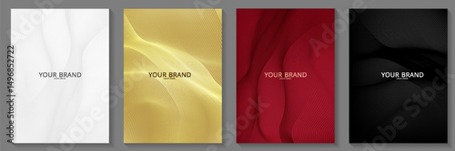 Contemporary technology cover design set. Luxury black background with white, red, gold line pattern (guilloche curves).vector eps10