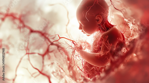 Human fetus growing inside the womb, connected to placenta through umbilical cord and blood vessels, illustrating the miracle of life and prenatal development