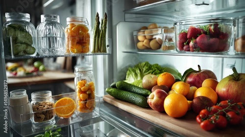 Open refrigerator, fresh produce, kitchen, healthy food, storage