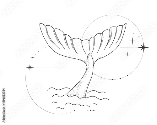 Whale tail retro dots texture with water splash circles stars line sketch minimal geometric tattoo. Mermaid or ocean mammal with waves vintage.