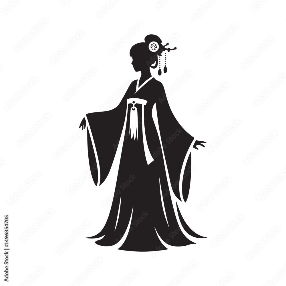 Fototapeta premium Graceful Hanfu Dress Vector Silhouette – Ancient Chinese Traditional Attire, Flowing Robes, Elegant Patterns, Cultural Heritage, and Timeless Beauty in Minimalist Art. 