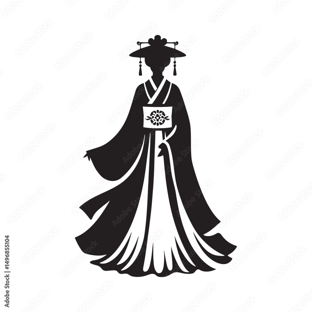 Obraz premium Graceful Hanfu Dress Vector Silhouette – Ancient Chinese Traditional Attire, Flowing Robes, Elegant Patterns, Cultural Heritage, and Timeless Beauty in Minimalist Art. 