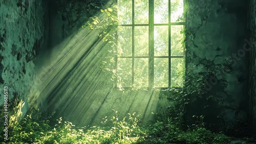 Sunbeams pierce a dilapidated room, overgrown with lush vegetation, creating a serene, yet eerie atmosphere