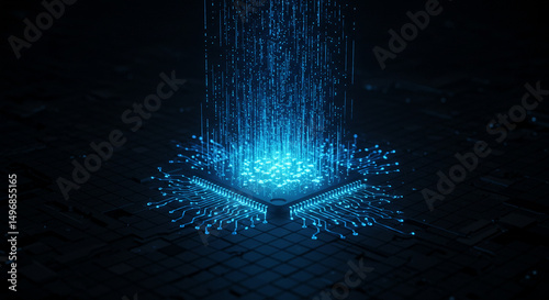 Glowing blue chip on a circuit board with data streams