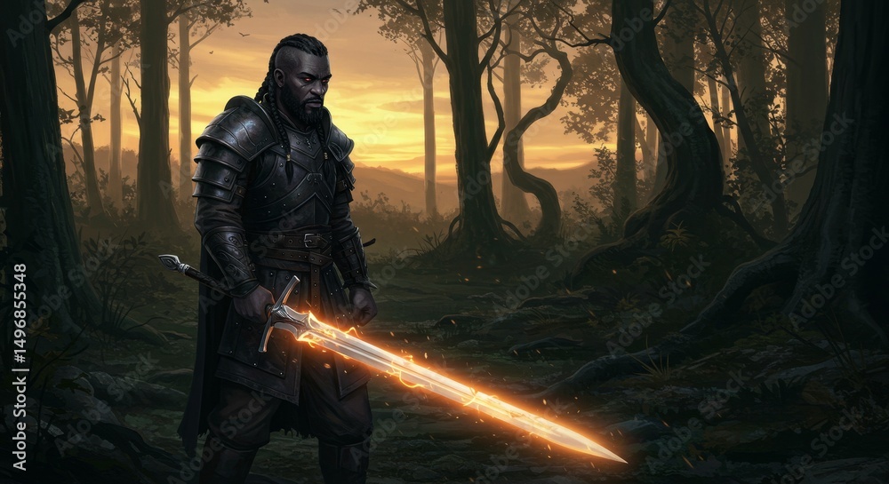 Naklejka premium Warrior in the Duskwood - A dark-skinned warrior stands in a dark forest, holding a glowing sword. Sunset in the background