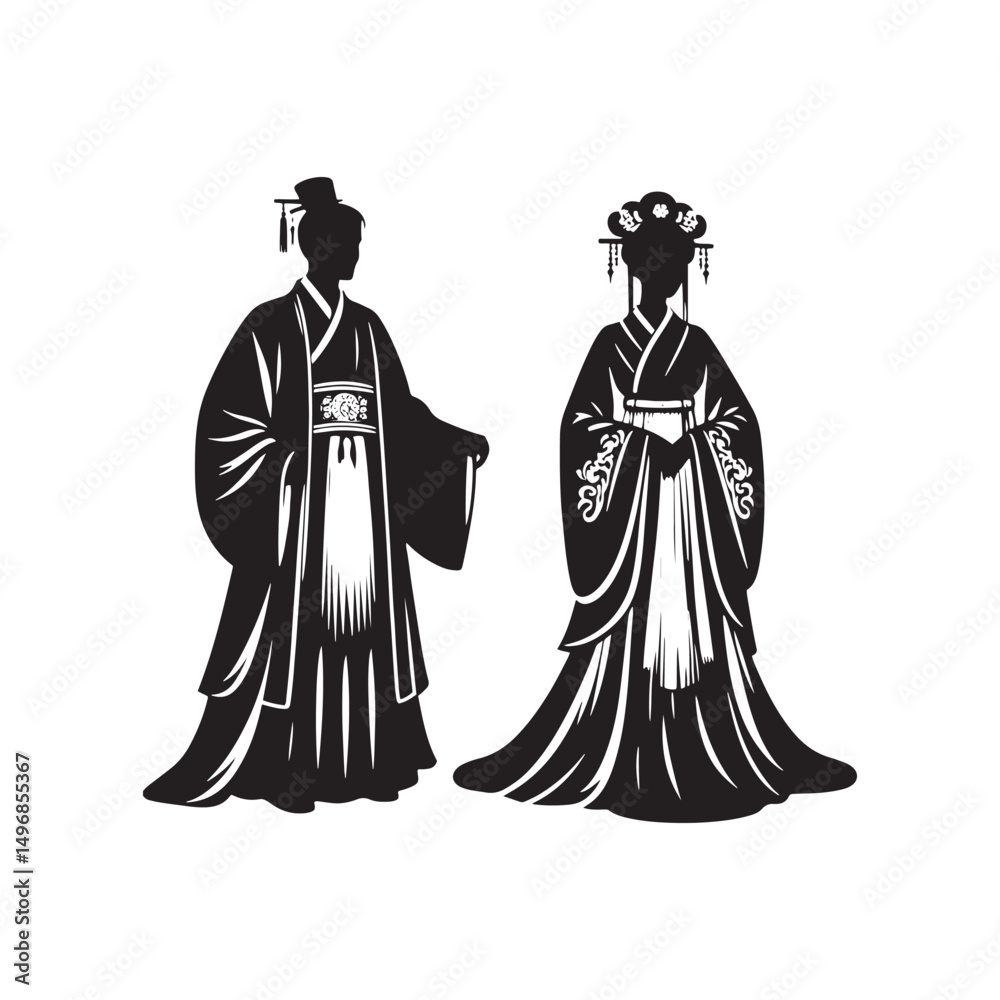 Fototapeta premium Graceful Hanfu Dress Vector Silhouette – Ancient Chinese Traditional Attire, Flowing Robes, Elegant Patterns, Cultural Heritage, and Timeless Beauty in Minimalist Art. 
