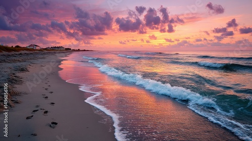 Peaceful sunrise beachscape, ocean waves, footprints, coastal home