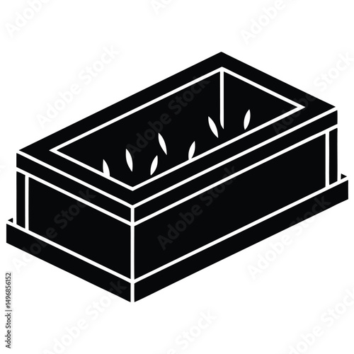 A minimalist vector icon of a garden planter showing small growing seedlings in a trough.