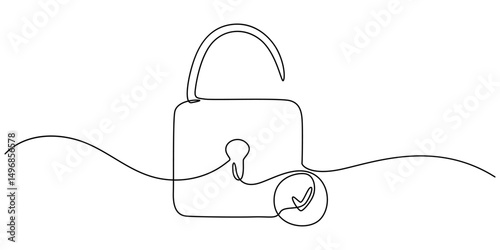One continuous line drawing of padlock with check mark, Security privacy safety concept in simple linear style. Secret icon in editable stroke, One continuous line drawing of padlock with check mark.