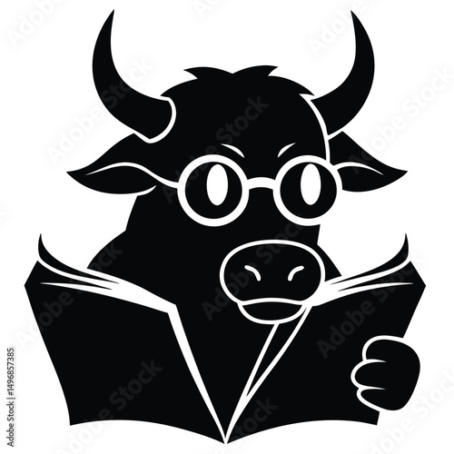 Intellectual bull character with glasses deeply engrossed in a book, embodying the spirit of profound learning and wisdom.