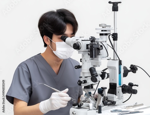 Japanese Man in Scrubs Using Microscope in Dentist's Office: Professional Dental Inspection