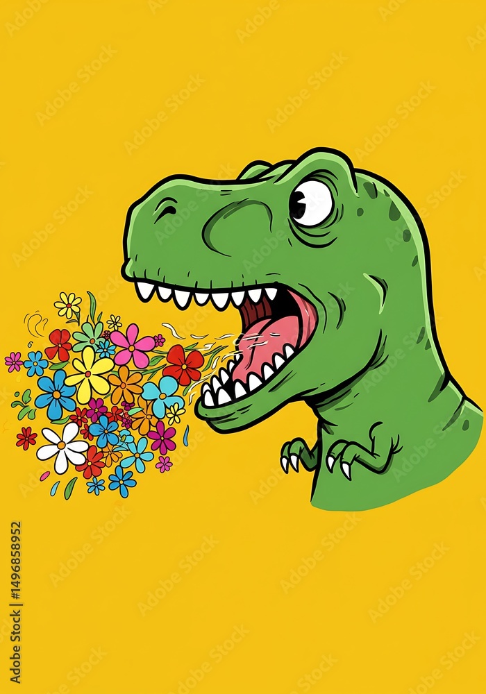 Fototapeta premium Cute Green T-Rex Spitting Flowers