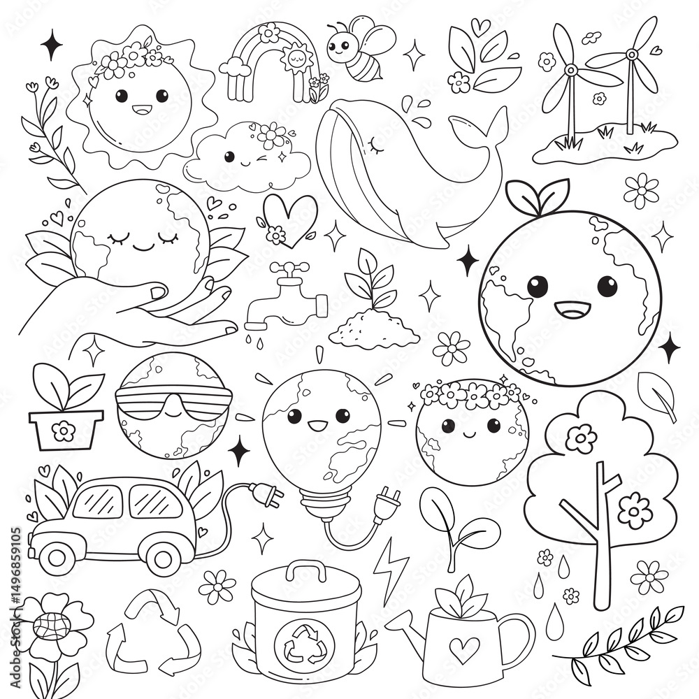 Fototapeta premium Groovy Earth Day Doodle Cartoon Style Hand Drawn Elements Outline Coloring Page Vector
