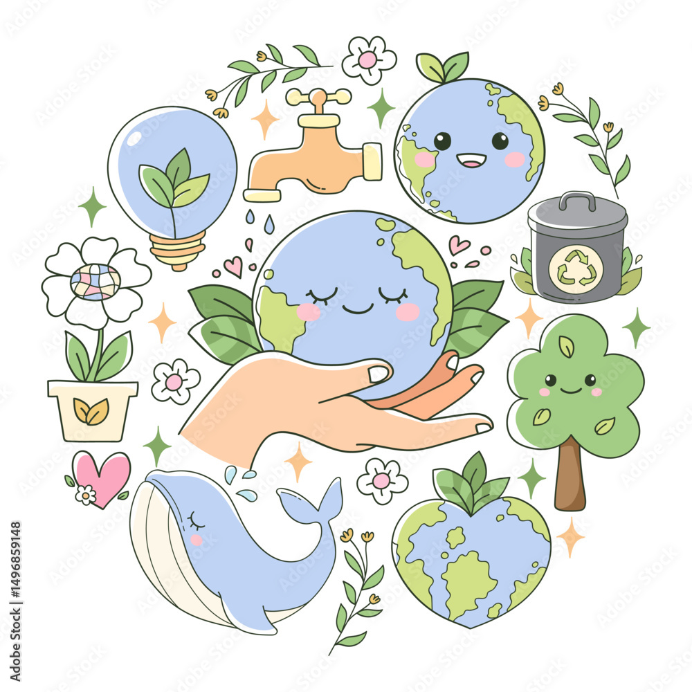 Naklejka premium Groovy Earth Day Doodle Cartoon Style Hand Drawn Elements Vector