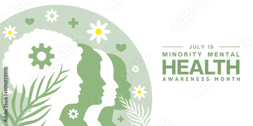 July is National Minority Health Awareness Month. Peoples, gear, plus icon, heart, flower and leaf. Suitable for posters, banners and social media. White background.