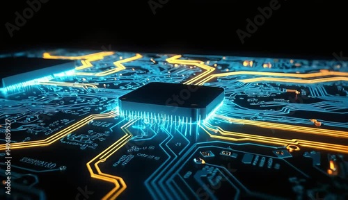Close-up of a digital electronic circuit board with various computer components and microchips, representing advanced technology and engineering hardware