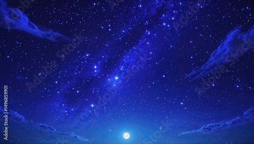 雲の向こうに見える星空と月、夜景