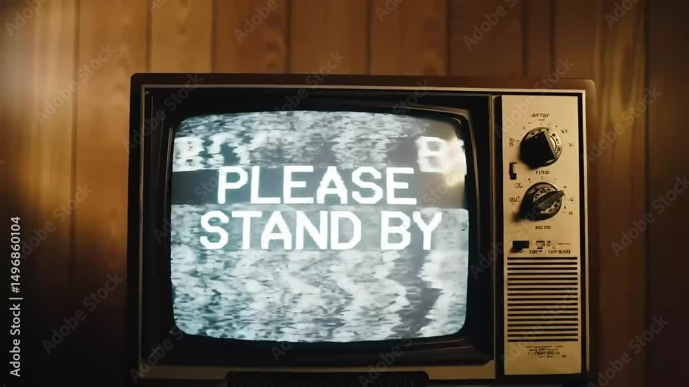 Retro television displaying static interference and please stand by message on vintage tv set, Generative AI