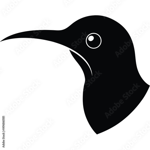A black bird head silhouette shows a long curved beak and eye.