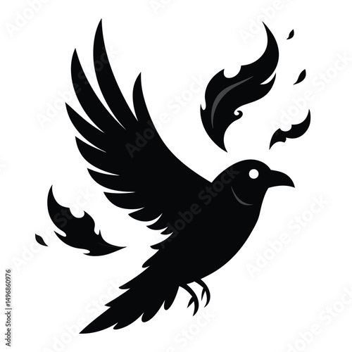 A black bird flies with flames rising around it in air