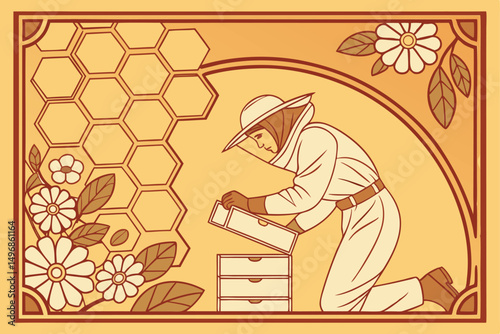 Beekeeper in protective gear surrounded by geometric honeycomb patterns
