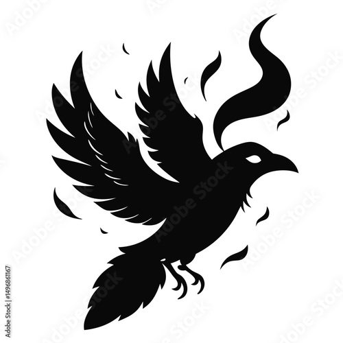 A bird takes flight with flaming wings and feathers scattered around.