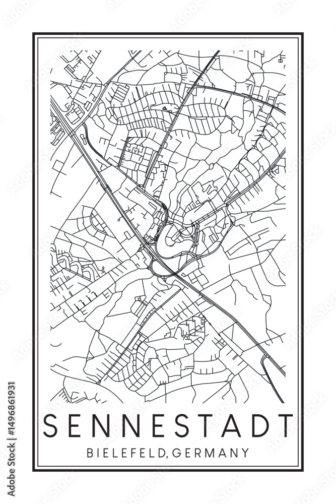 Naklejka premium Hand drawn printable downtown road map poster of borough SENNESTADT of the German city of BIELEFELD on solid white background with city name