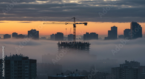Construction crane and building under construction in a foggy cityscape at sunrise