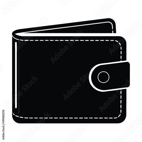 A black leather wallet with white stitching and a button closure sits open on a plain background.