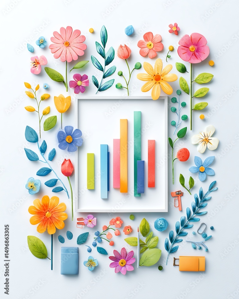 Obraz premium hand-painted floral frame with corporate office supplies like stapler, paper, mobile device, and bar graph