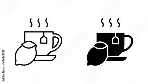 Lemon tea icon set. Hot drink in cup. Antioxidant with vitamin C. Beverage to relax. vector illustration on white background