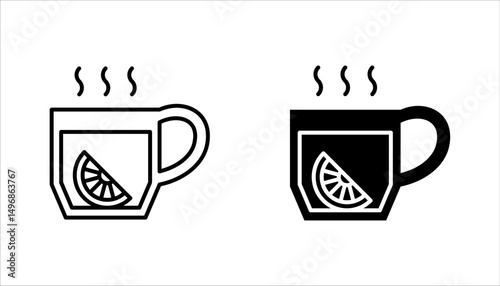 Lemon tea icon set. Hot drink in cup. Antioxidant with vitamin C. Beverage to relax. vector illustration on white background