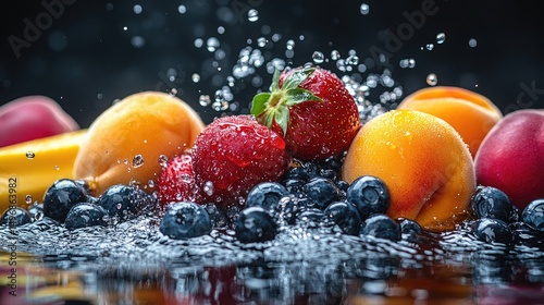 Fresh fruits with water splashes.  A vibrant array of fruits, including strawberries, apricots, peaches, blueberries, and bananas, are drenched in water splashes, creating a dynamic visual