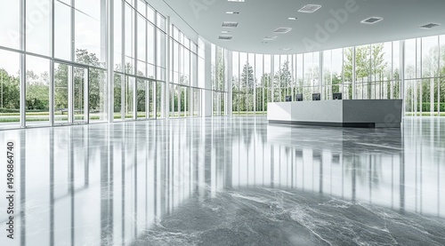 Modern, bright lobby with expansive glass walls showcasing a verdant outdoor landscape; sleek, minimalist reception desk; highly polished floor reflecting the scene