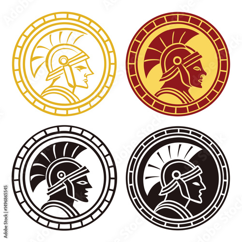 Ancient Roman Soldier Helmet Emblem Set in Circular Badge Style Vector Illustration
