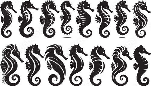 Twelve black seahorse silhouettes ocean wildlife aquatic animals marine life
